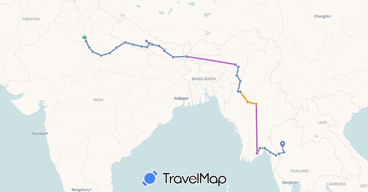 TravelMap itinerary: bus, plane, cycling, train, hitchhiking in India, Myanmar (Burma), Nepal, Thailand (Asia)