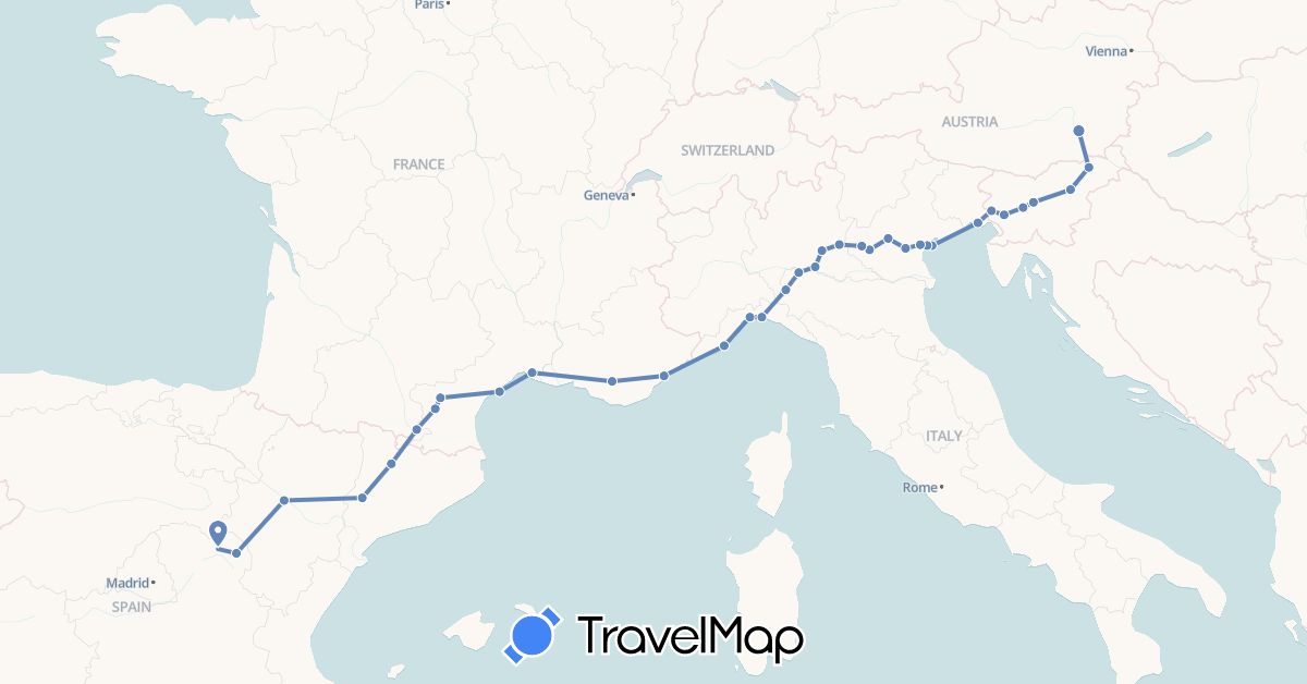TravelMap itinerary: cycling in Austria, Spain, France, Italy, Slovenia (Europe)